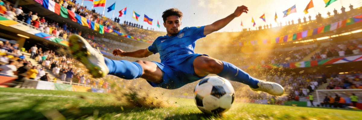 足球比赛精彩瞬间 - 球员在绿茵场上飞身铲球，背景是模糊的观众席